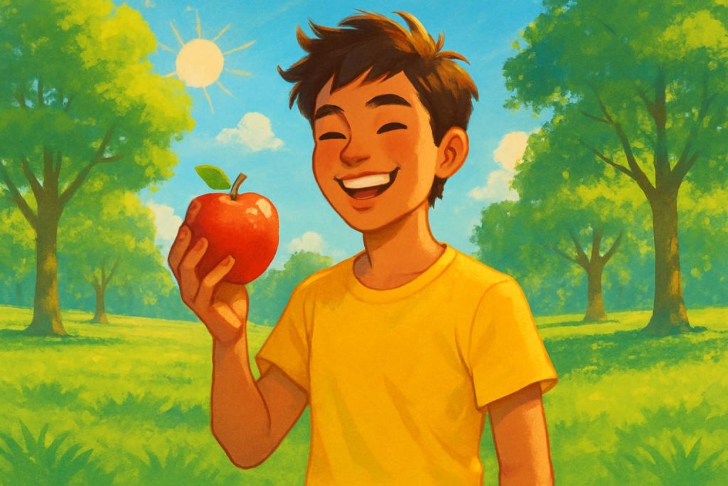 Persona sosteniendo una manzana roja en un parque soleado.