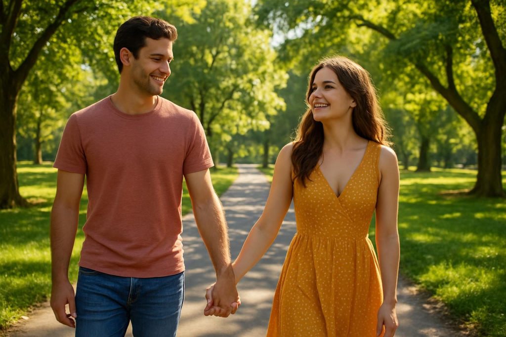 Pareja caminando de la mano en un parque, disfrutando del tiempo juntos.