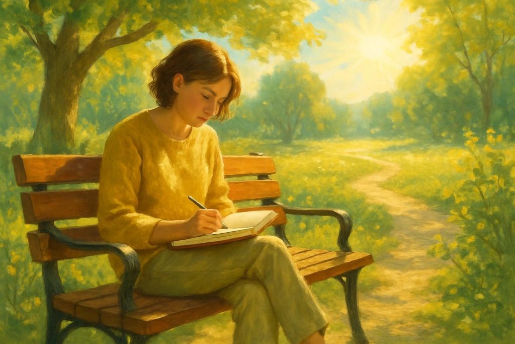 Persona escribiendo en un diario en un parque, simbolizando el proceso de sanación tras una ruptura.