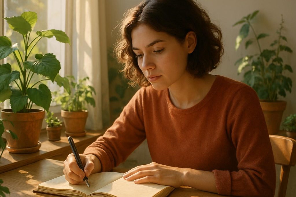 Persona escribiendo en un diario en un ambiente luminoso y relajante.