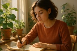 Persona escribiendo en un diario en un ambiente luminoso y relajante.