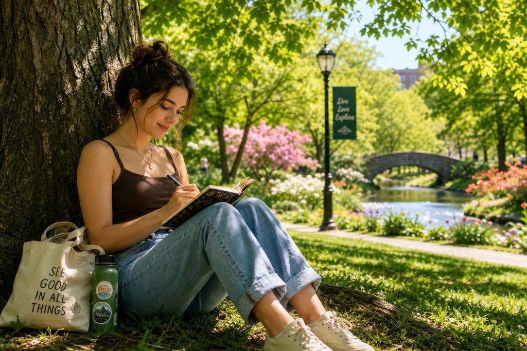 Joven escribiendo en un diario en un parque tranquilo bajo un árbol.