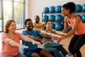 Grupo diverso de personas en una clase de ejercicio supervisado en un gimnasio.