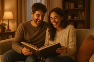 Pareja riendo juntos en un sofá mientras revisan un álbum de fotos.