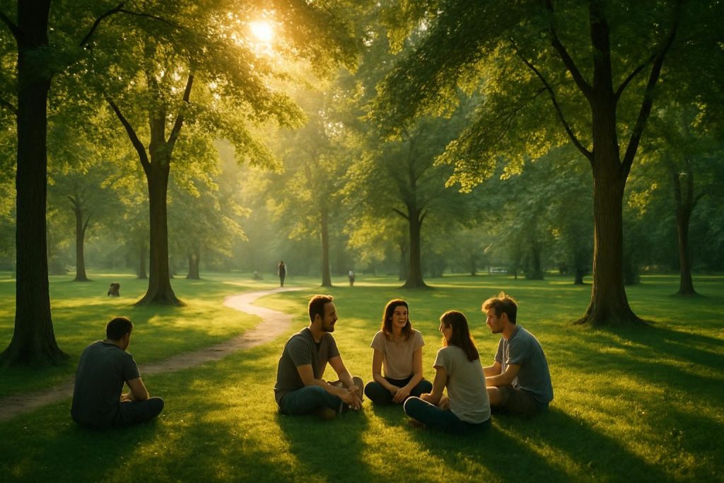 Grupo de personas conversando en un parque, disfrutando de la naturaleza.