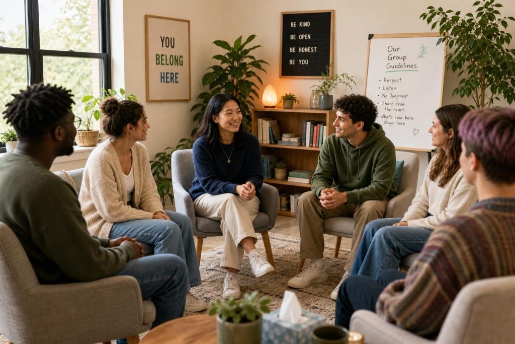 Grupo diverso de jóvenes en una sesión de terapia en un ambiente acogedor.