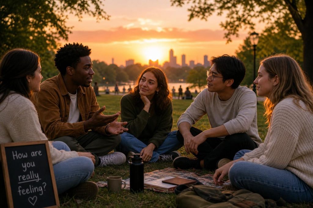 Grupo de jóvenes conversando sobre sus emociones en un parque al atardecer.