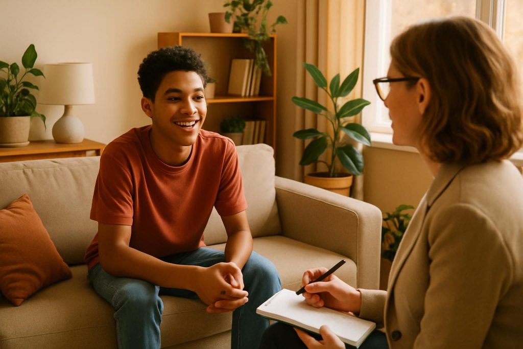 Sesión de terapia cognitivo-conductual con un joven y un terapeuta.