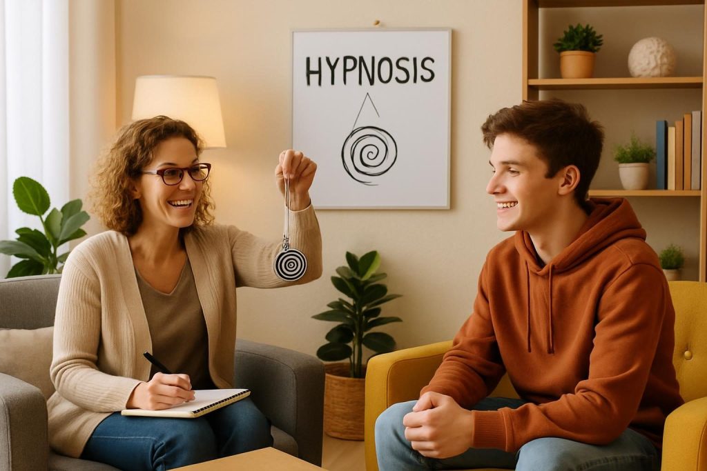 Sesión de terapia con un joven y un terapeuta hablando sobre hipnosis.