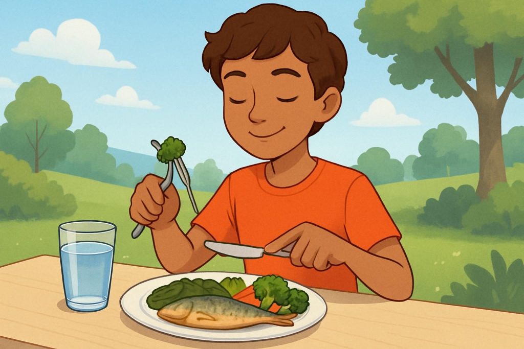 Una persona joven disfrutando de una comida saludable al aire libre.