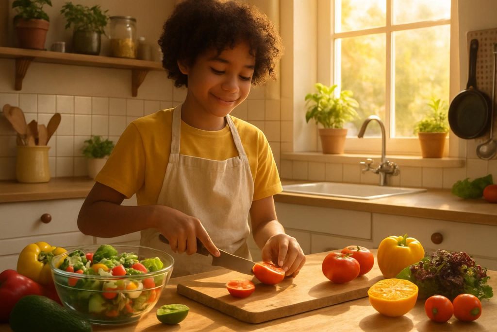 Una persona feliz preparando una ensalada fresca en una cocina luminosa.