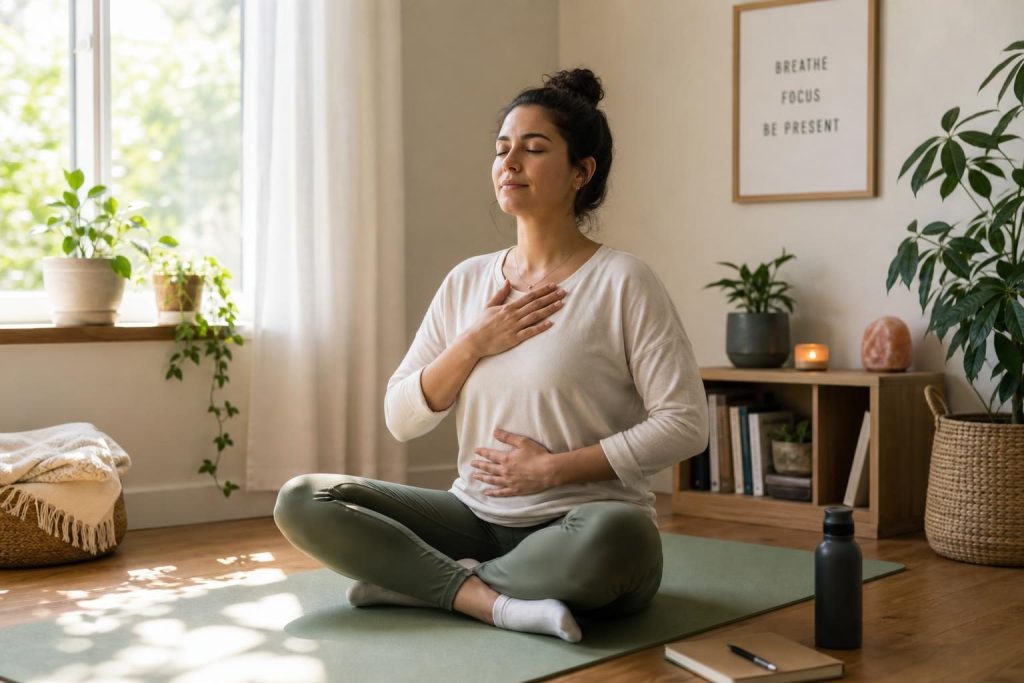 Persona practicando respiración en un ambiente tranquilo y luminoso.