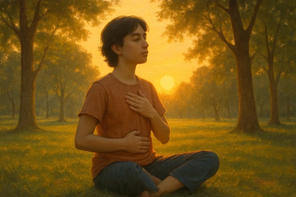 Joven practicando ejercicios de respiración en un parque tranquilo durante el atardecer.