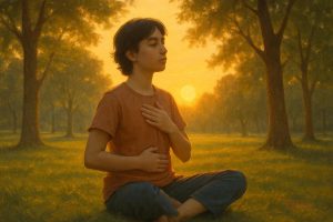 Joven practicando ejercicios de respiración en un parque tranquilo durante el atardecer.